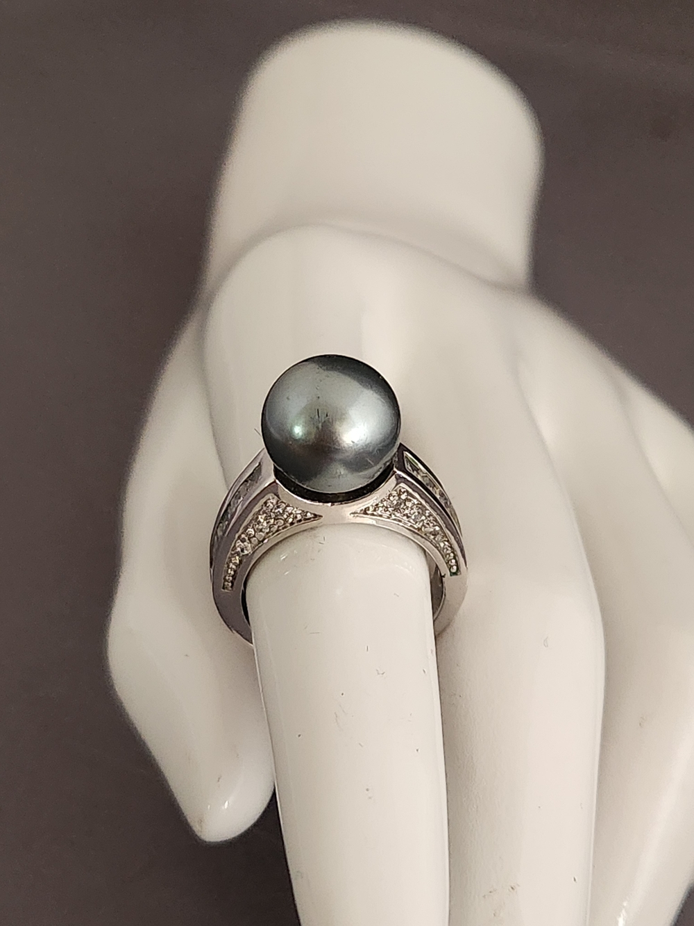 Silver and Black Pearl and Pavé Ring